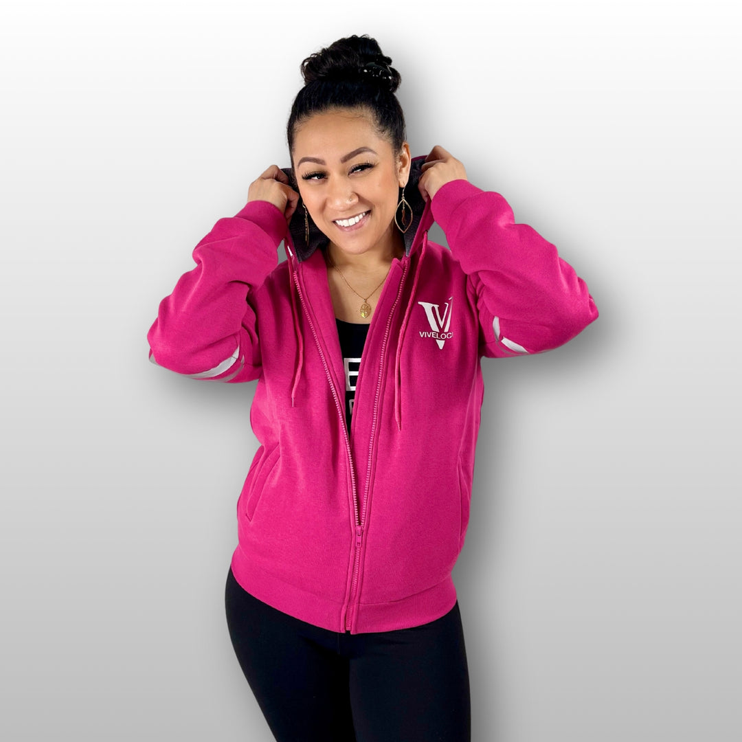 Lani wearing Pink ViVeloci Armored hoodie.