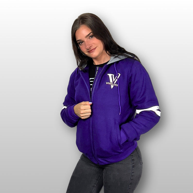 Kendra wearing Viveloci Women's Kevlar Lined, Armored, Motorcycle Hoodie in Purple.  Reflective back, front and arm bands.  Removable CE Level 1 Armor in Shoulders, Elbows and Back. Two zippered pockets on the outside and one on the inside.