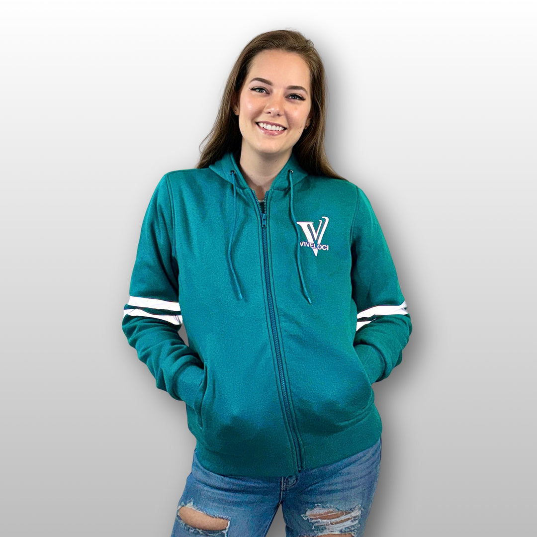 Blair is wearing a ViVeloci Kevlar Lined, Armored, Motorcycle Hoodie in Teal.  Reflective back, front and arm bands.  Removable CE Level 1 Armor in Shoulders, Elbows and Back. Two zippered pockets on the outside and one on the inside.