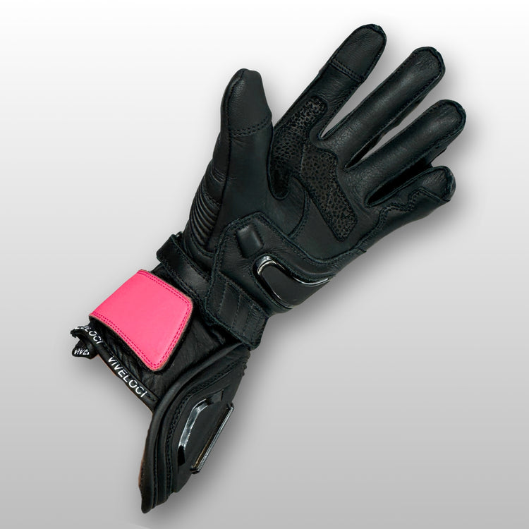 TPU palm sliders and reinforced leather palm on women’s pink and black full gauntlet motorcycle gloves