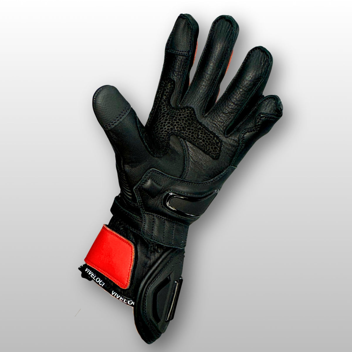 TPU palm sliders and reinforced leather palm on women’s motorcycle red and black full gauntlet motorcycle gloves