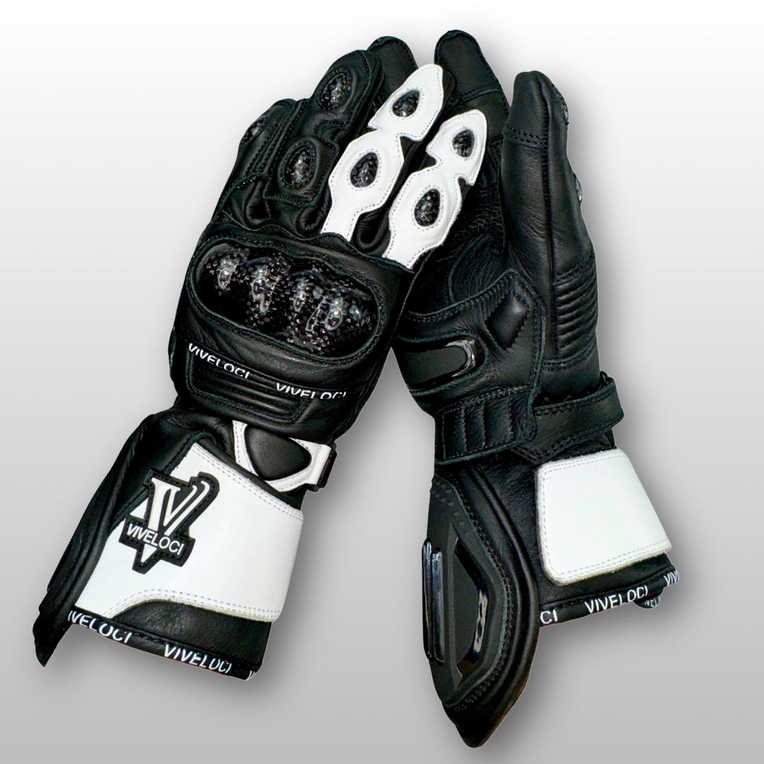 ViVeloci Audacia White and Black Full Gauntlet Leather Motorcycle Glove for Women. Carbon Fiber Knuckles, Kevlar lining