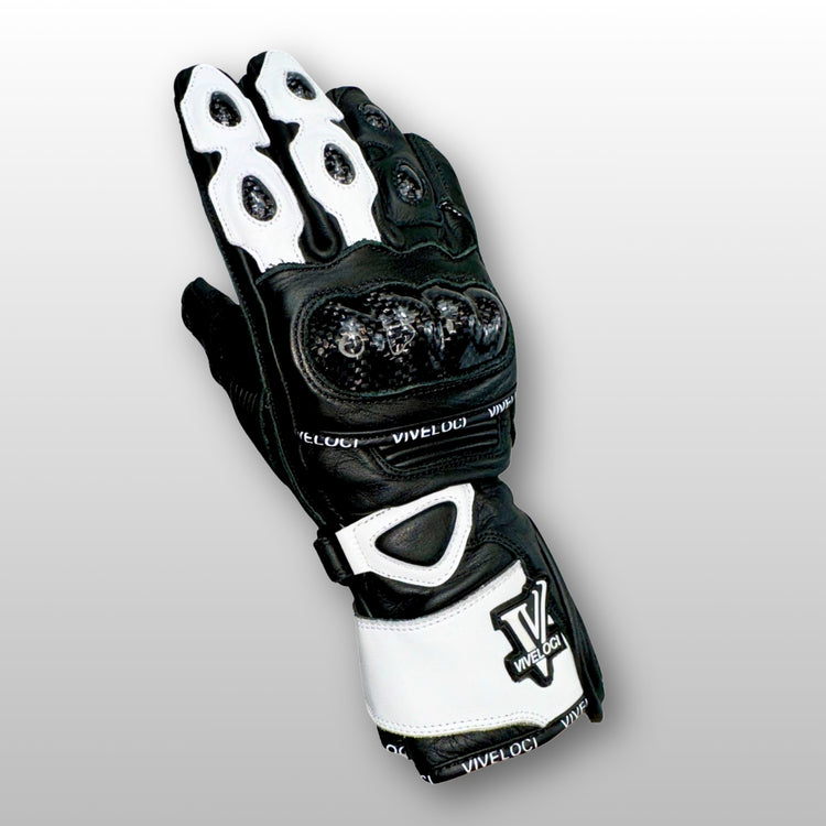 ViVeloci Audacia White and Black Full Gauntlet Leather Motorcycle Glove for Women. Carbon Fiber Knuckles, Kevlar lining
