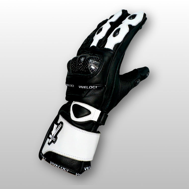 Women’s white and black leather full gauntlet motorcycle gloves with carbon fiber knuckle and finger protection