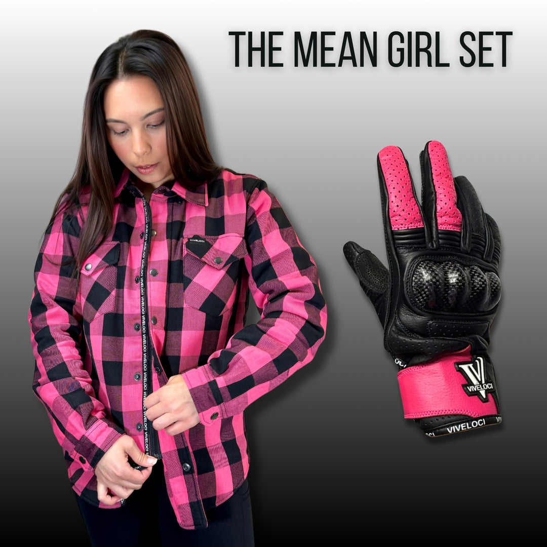 Woman wearing a pink and black checkered shirt with a pink glove on a gray background, featuring 'ViVeloci' branding.