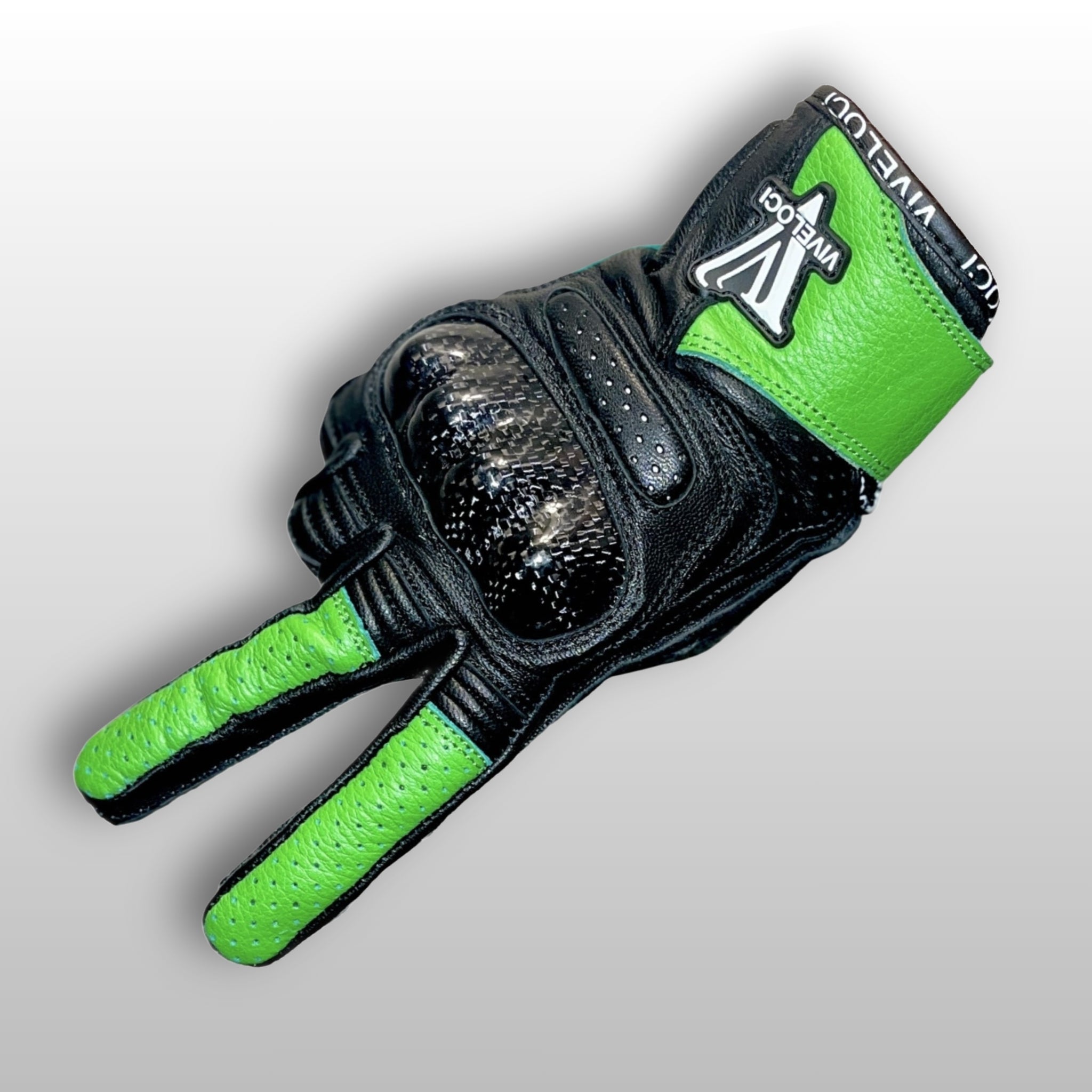 Women’s leather motorcycle gloves with carbon fiber knuckles in Kawi Green