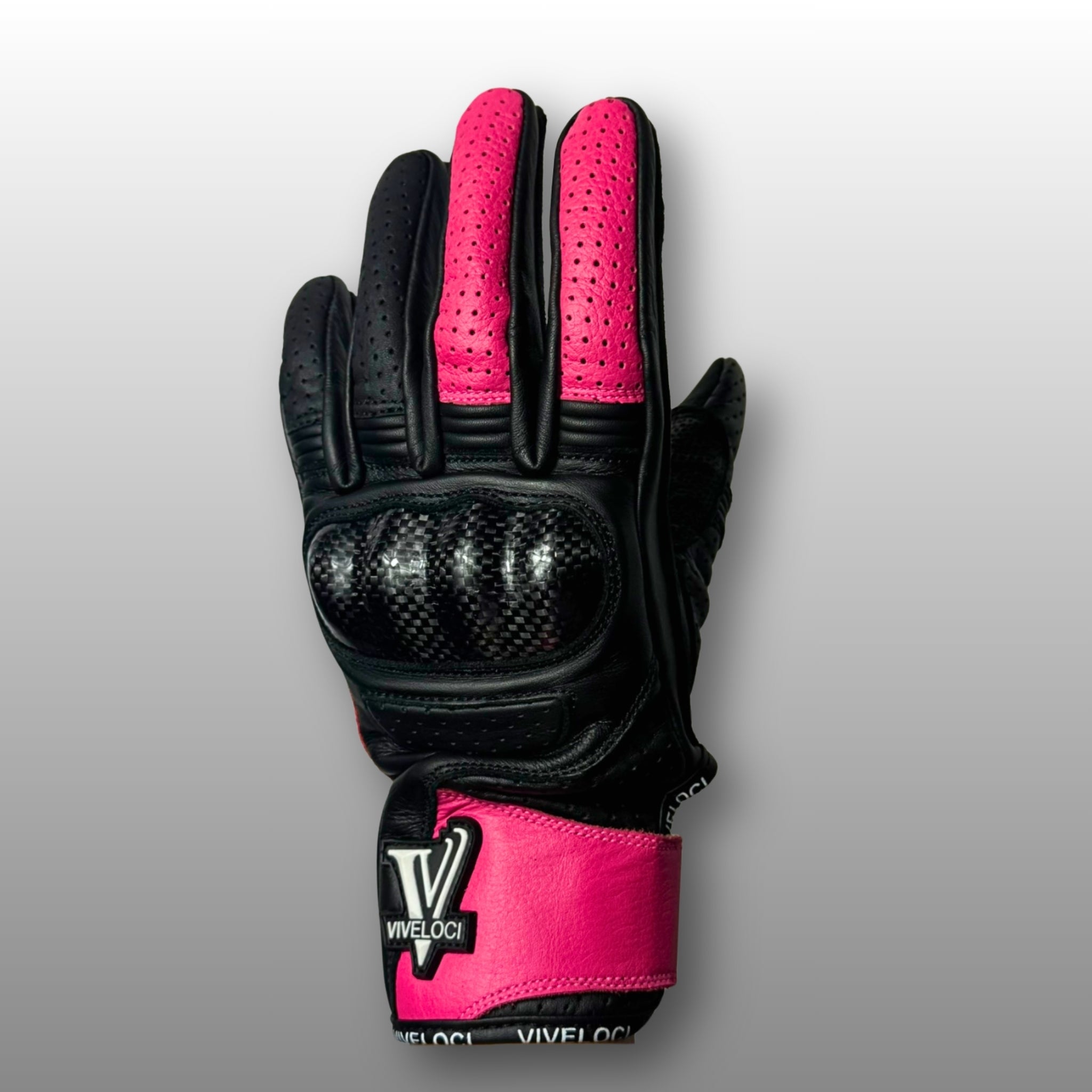 Black and pink glove with 'Viveloci' branding on a gray background