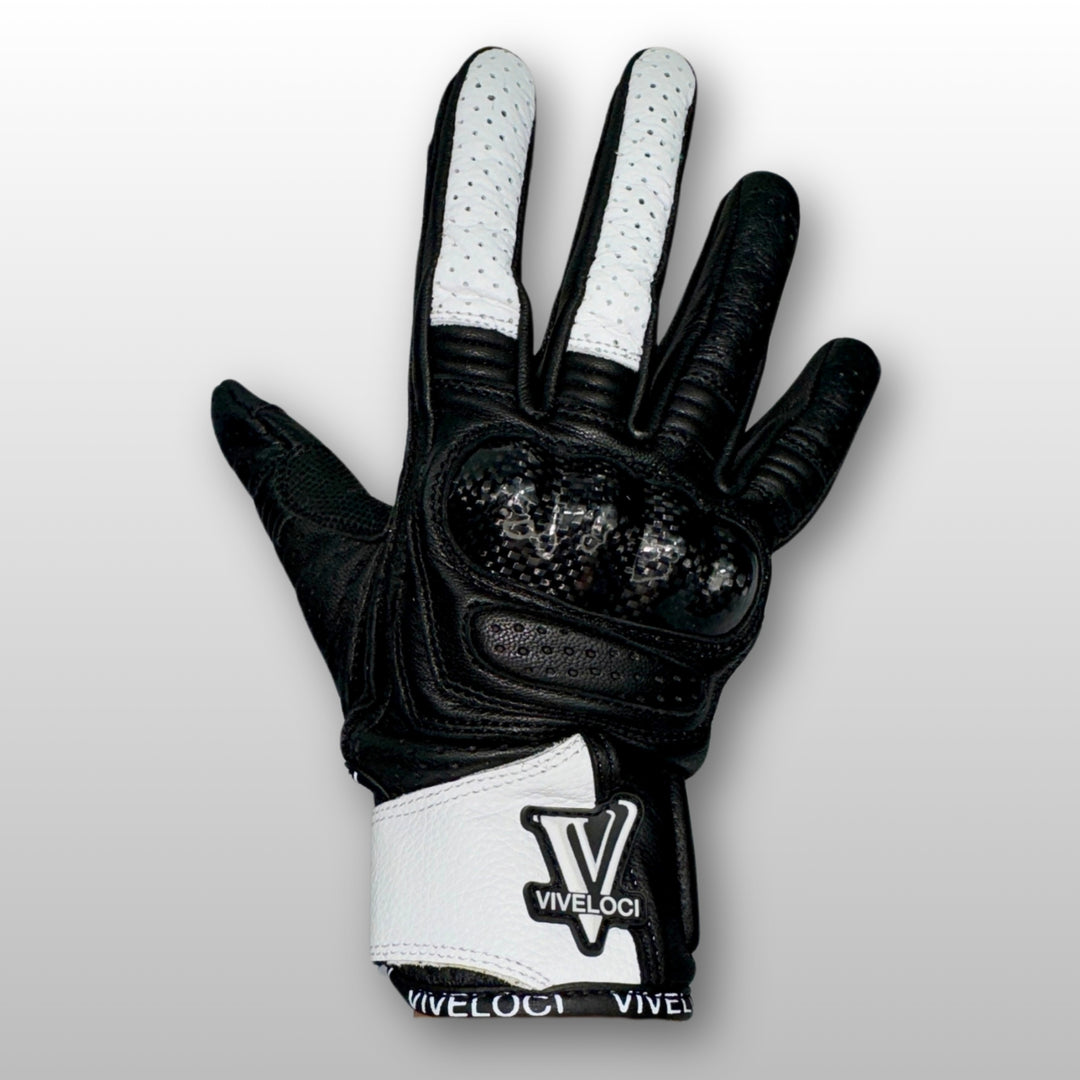White ViVeloci Ciao Bella Motorcycle gloves for women with V logo and carbon fiber knuckles