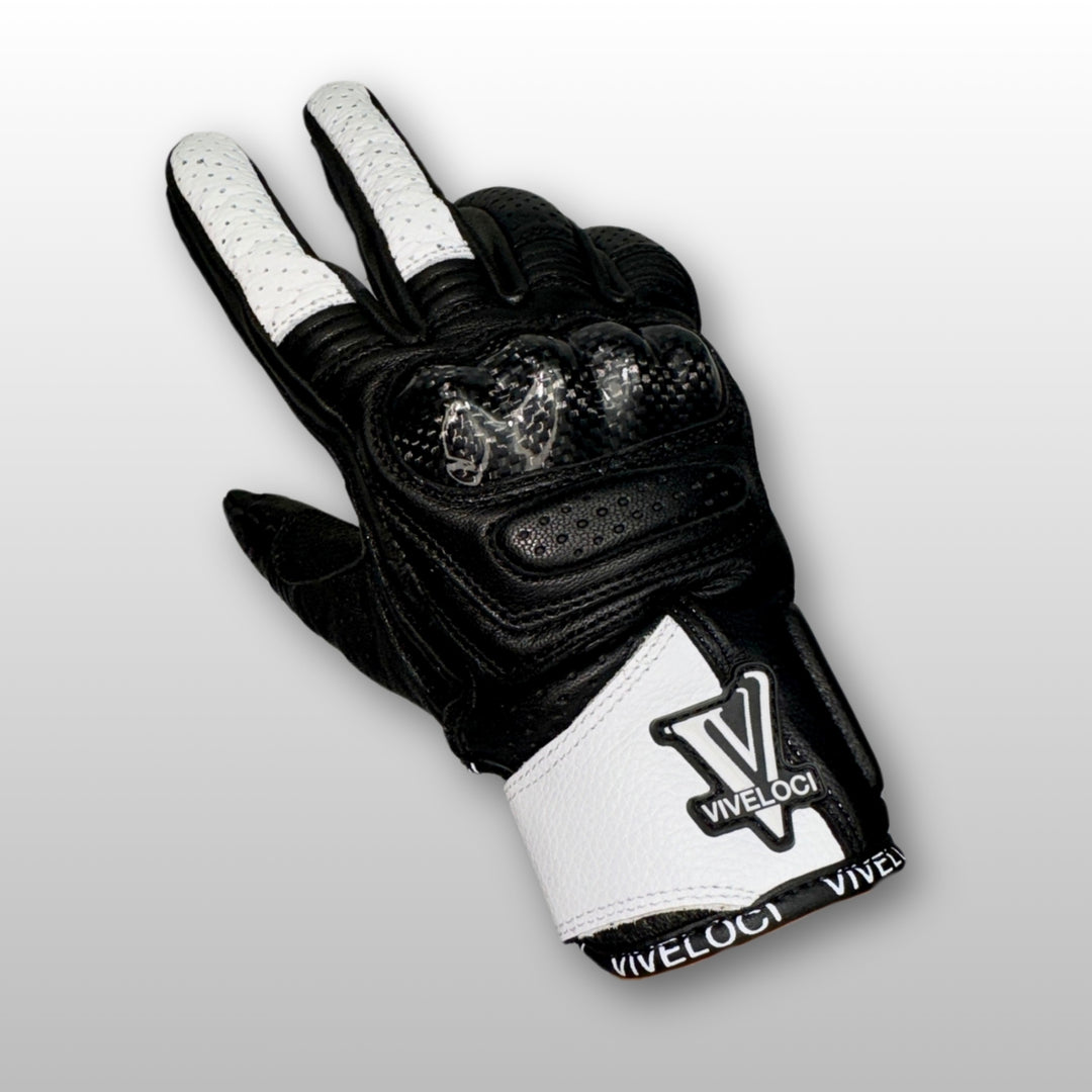 White ViVeloci Ciao Bella Motorcycle gloves for women with V logo and carbon fiber knuckles