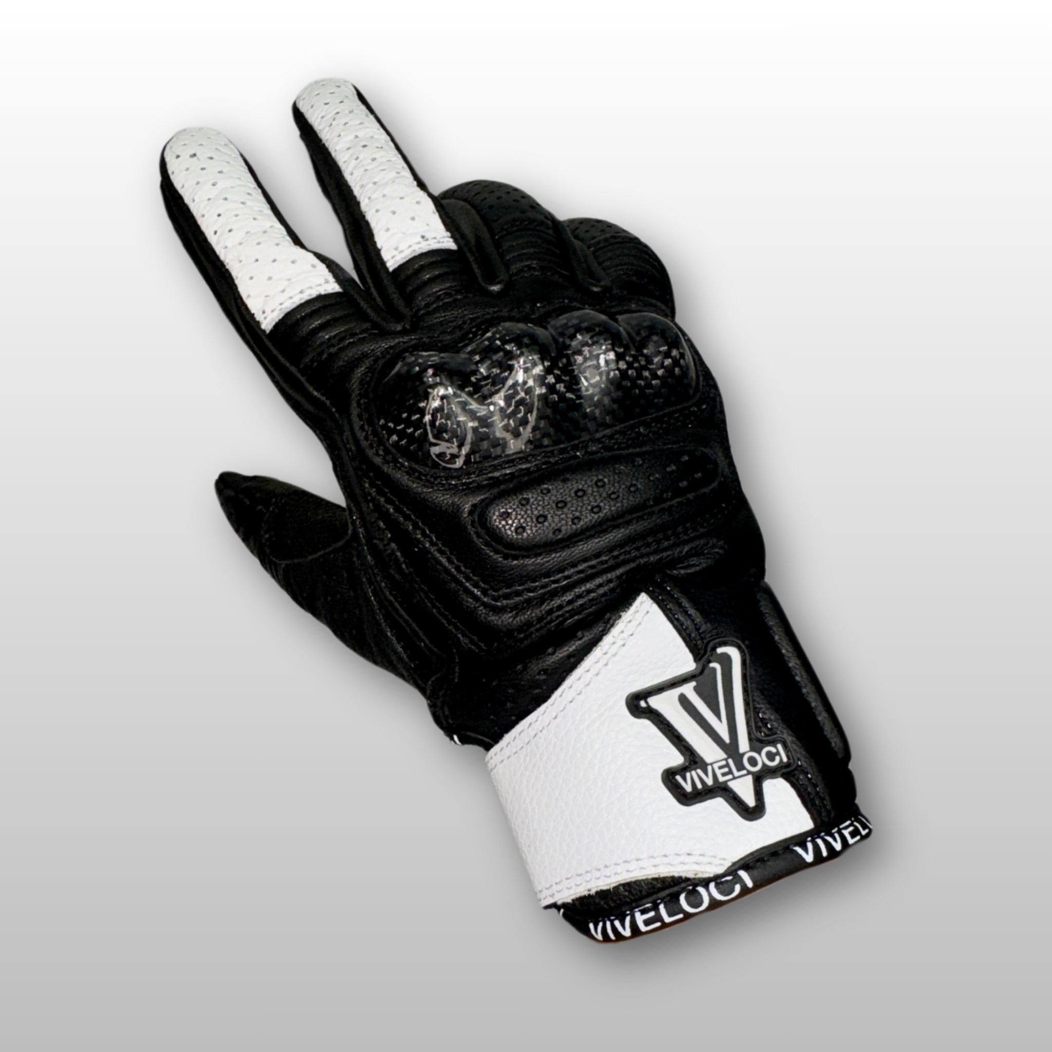 White ViVeloci Ciao Bella Motorcycle gloves for women with V logo and carbon fiber knuckles