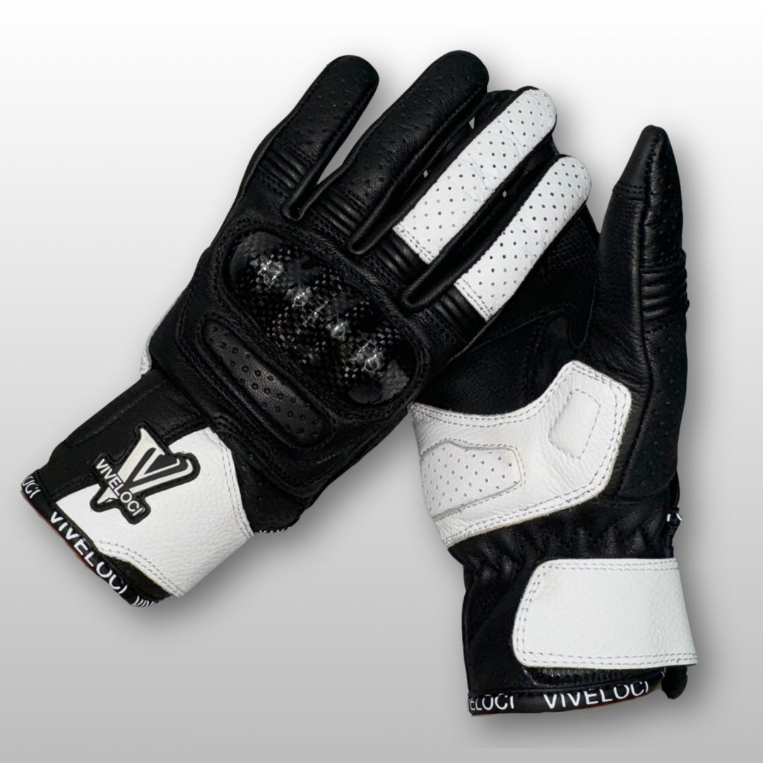 White ViVeloci Ciao Bella Motorcycle gloves for women with V logo and carbon fiber knuckles