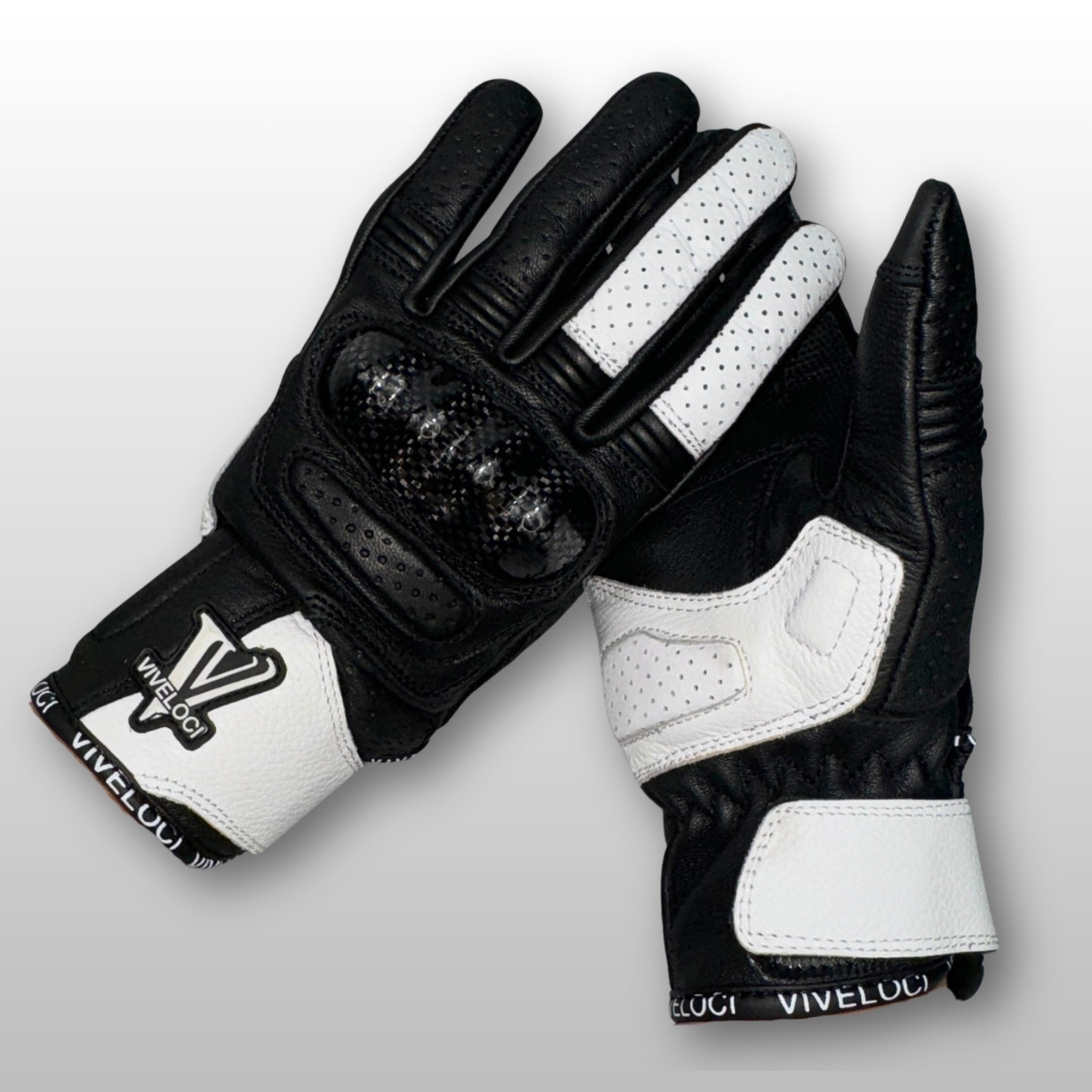 White ViVeloci Ciao Bella Motorcycle gloves for women with V logo and carbon fiber knuckles