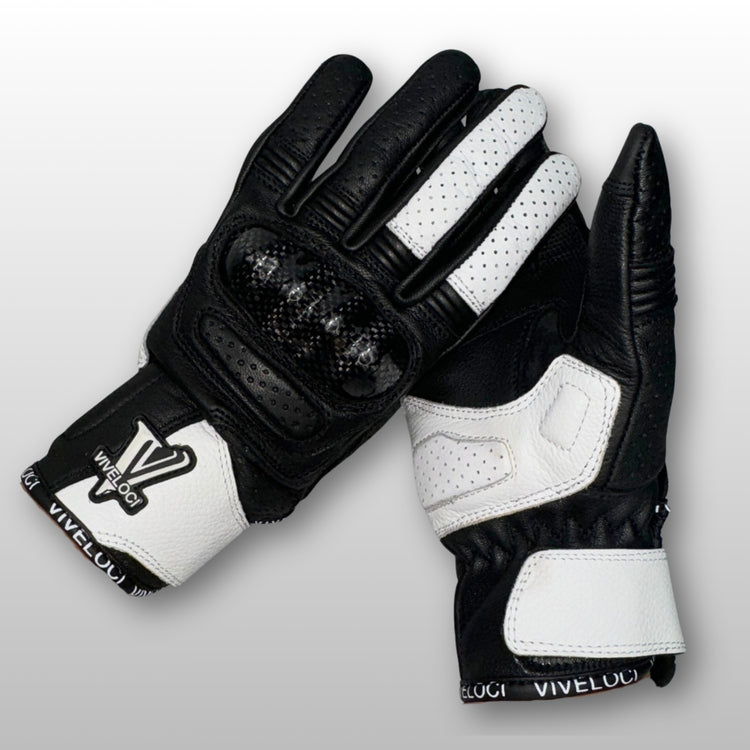 White ViVeloci Ciao Bella Motorcycle gloves for women with V logo and carbon fiber knuckles