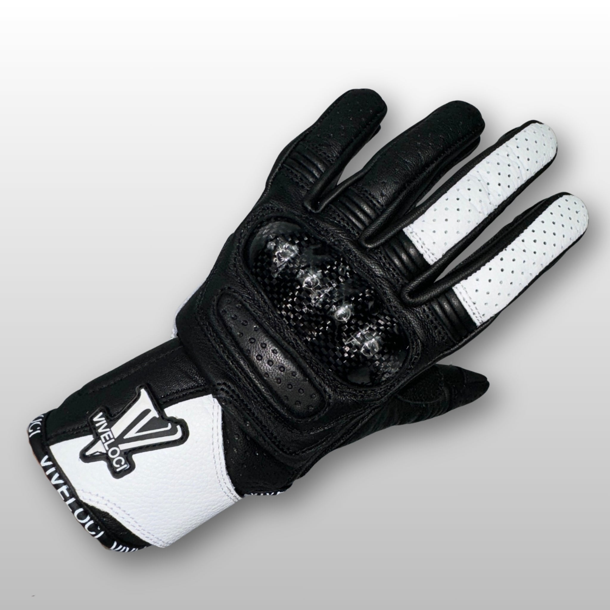 White ViVeloci Ciao Bella Motorcycle gloves for women with V logo and carbon fiber knuckles
