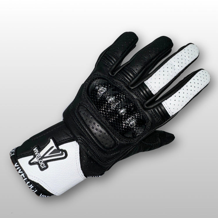 White ViVeloci Ciao Bella Motorcycle gloves for women with V logo and carbon fiber knuckles