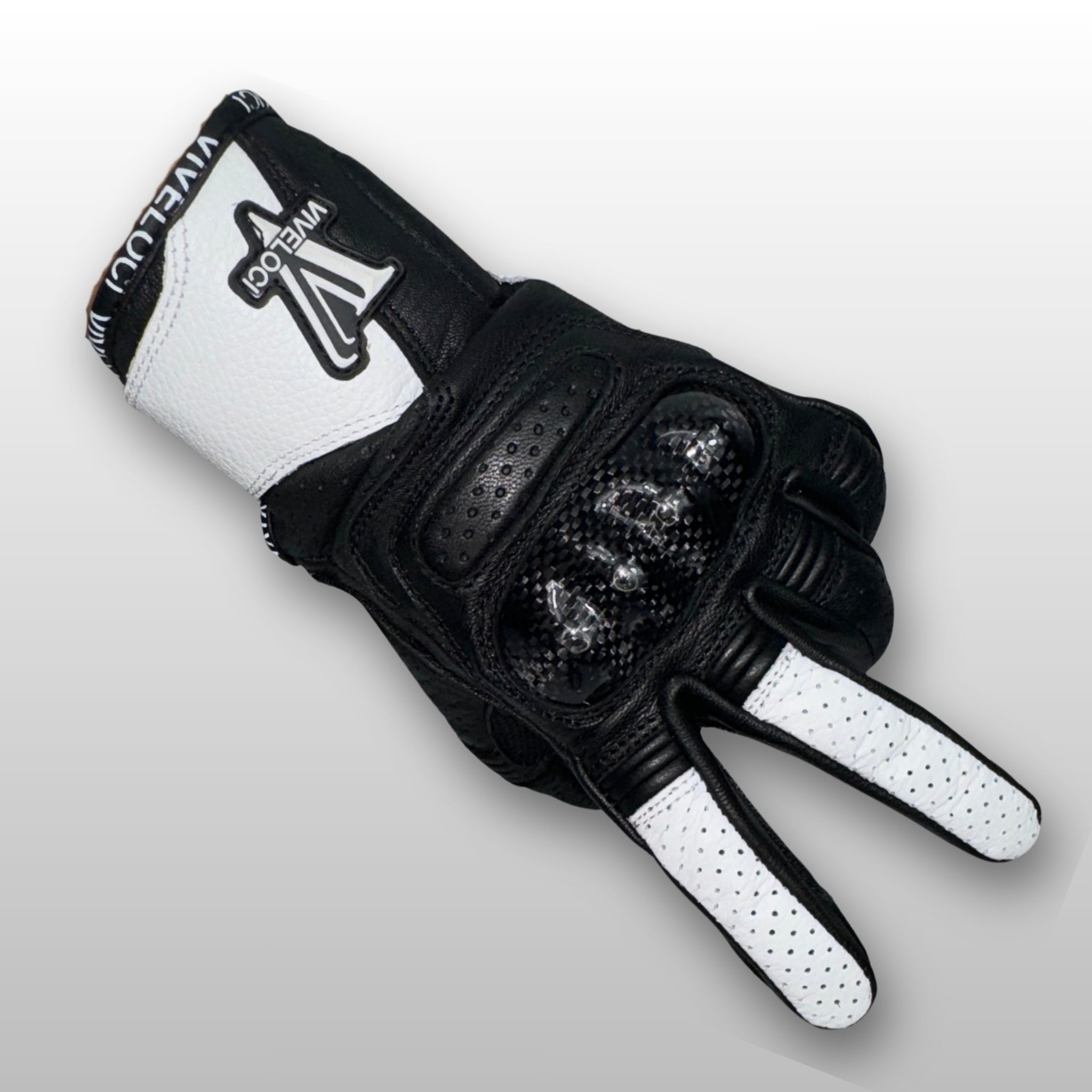 White ViVeloci Ciao Bella Motorcycle gloves for women with V logo and carbon fiber knuckles