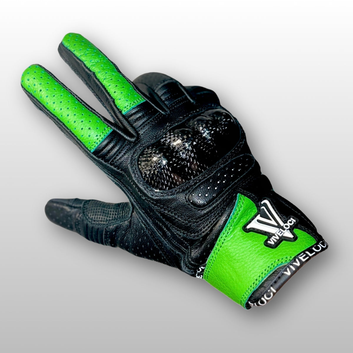 Women’s leather motorcycle gloves with carbon fiber knuckles in Kawi Green