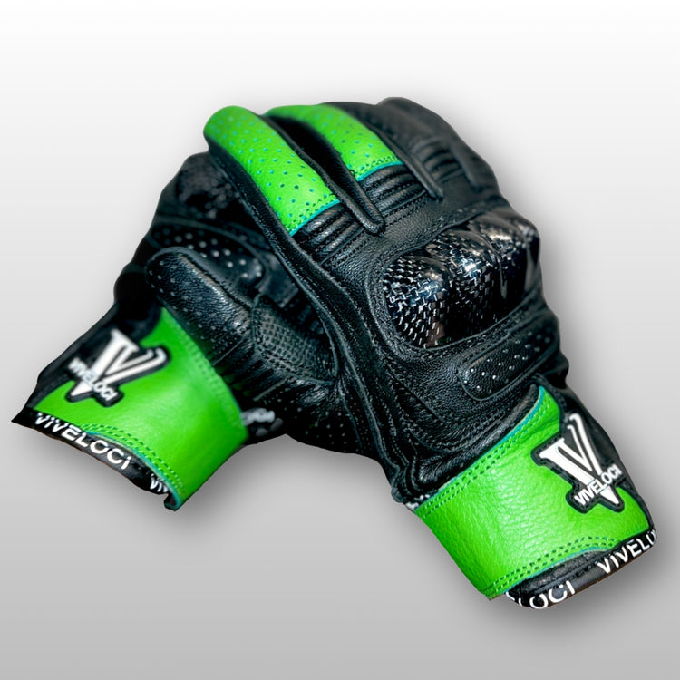 Women’s leather motorcycle gloves with carbon fiber knuckles in Kawi Green