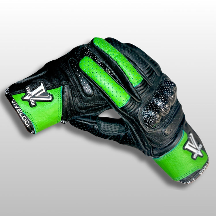 Women’s leather motorcycle gloves with carbon fiber knuckles in Kawi Green
