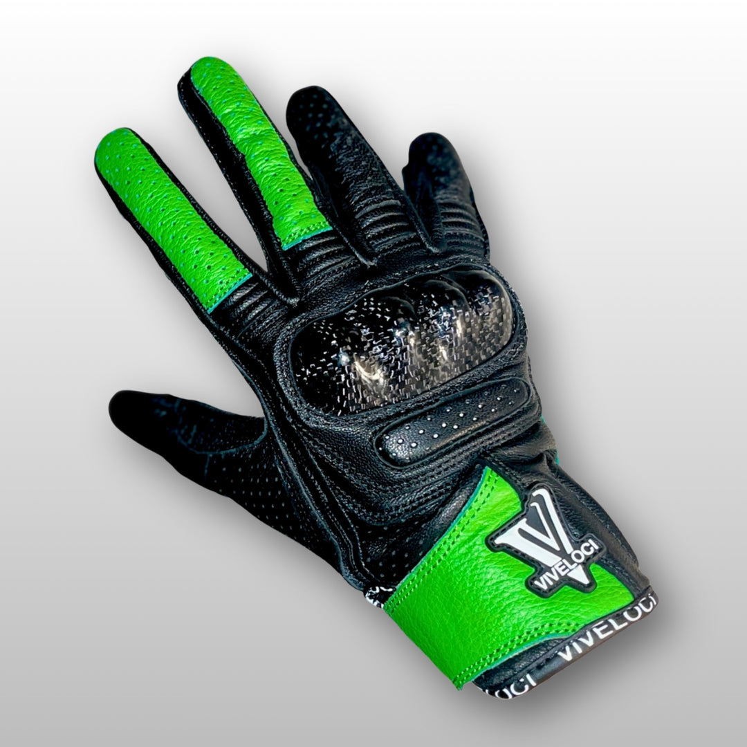 Women’s leather motorcycle gloves with carbon fiber knuckles in Kawi Green