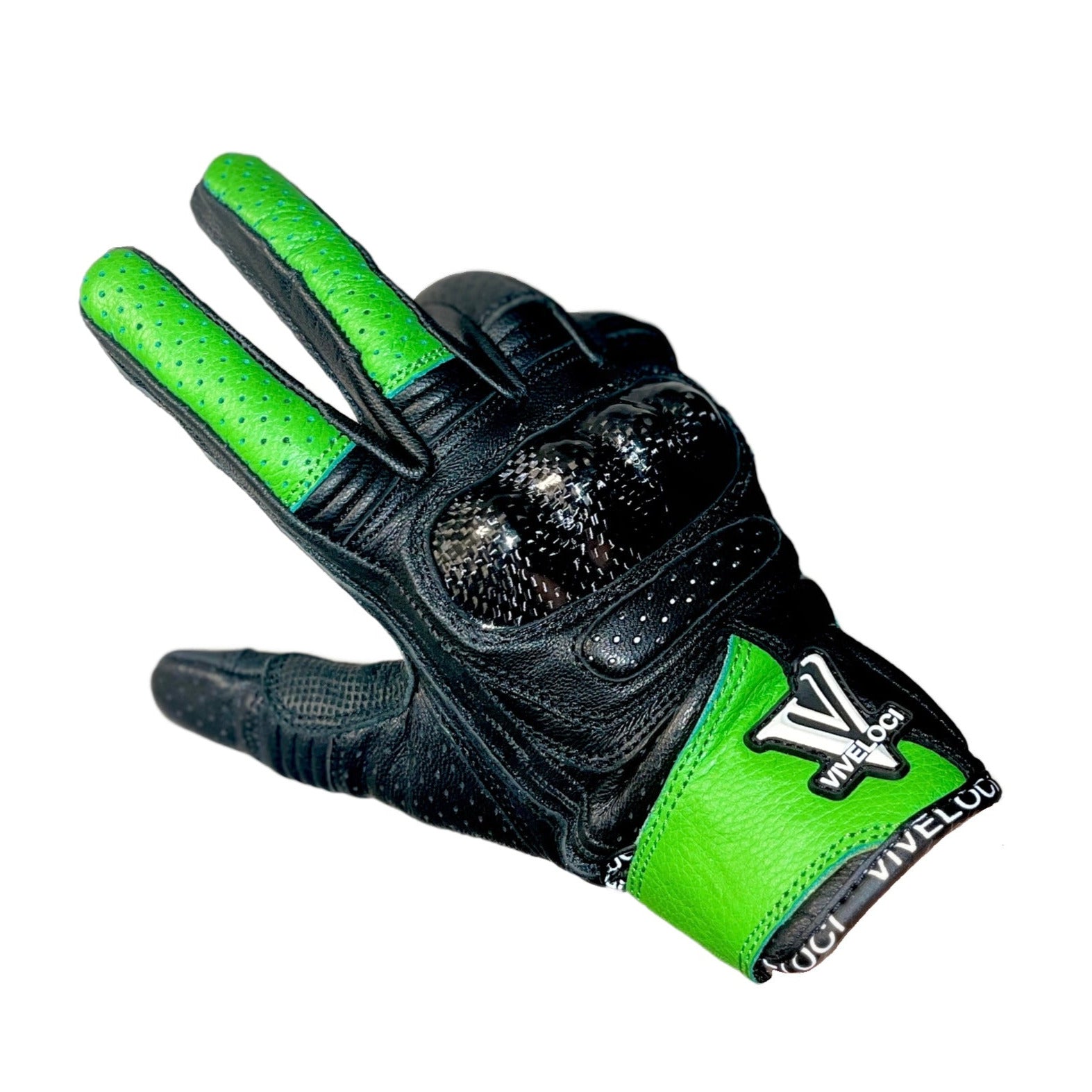 ViVeloci Ciao Bella Women's Leather Motorcycle Riding Gloves in Kawasaki Green. CE Level 1 Carbon fiber knuckle protection and reinforced padding are on the palm. Velcro wrist strap. Touch-screen functionality.