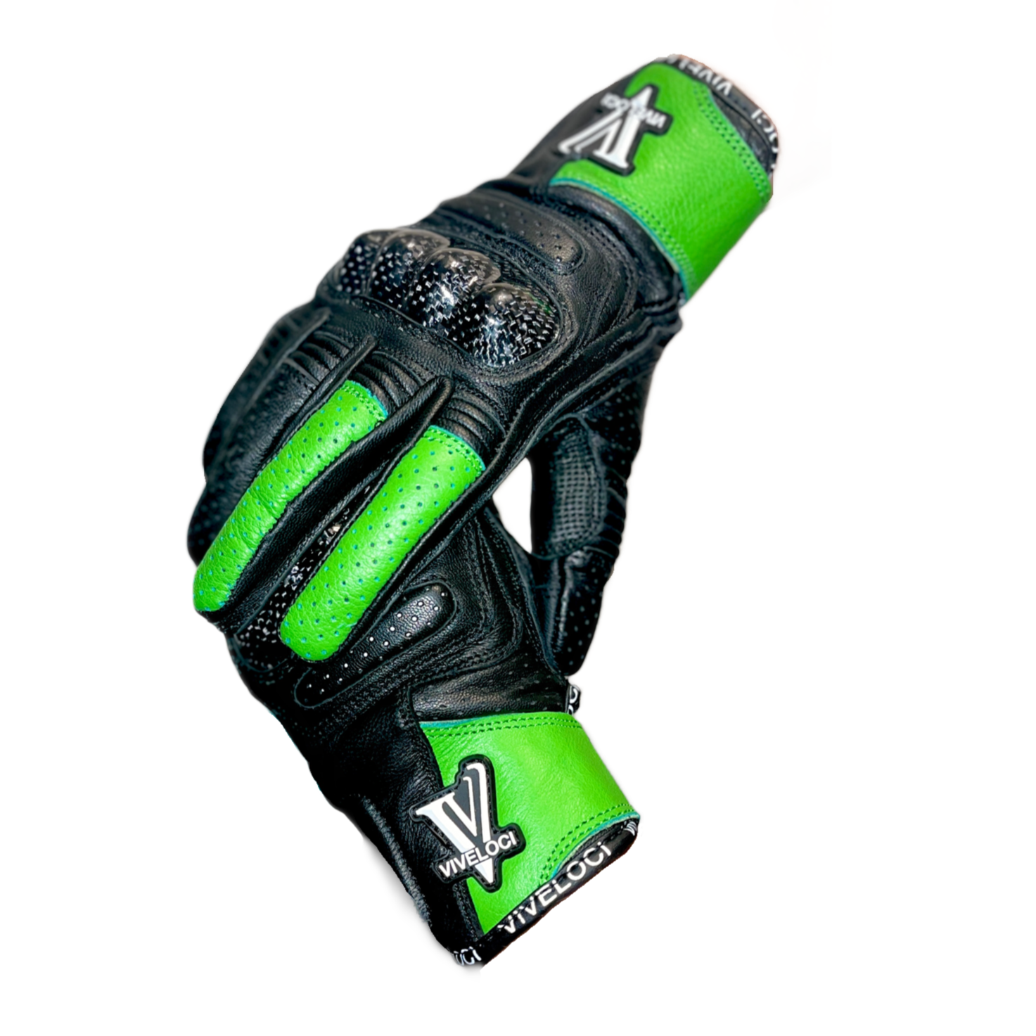 Viveloci Ciao Bella Women's Leather Motorcycle Riding Gloves in Kawasaki Green. CE Level 1 Carbon fiber knuckle protection and reinforced padding are on the palm. Velcro wrist strap. Touch-screen functionality 