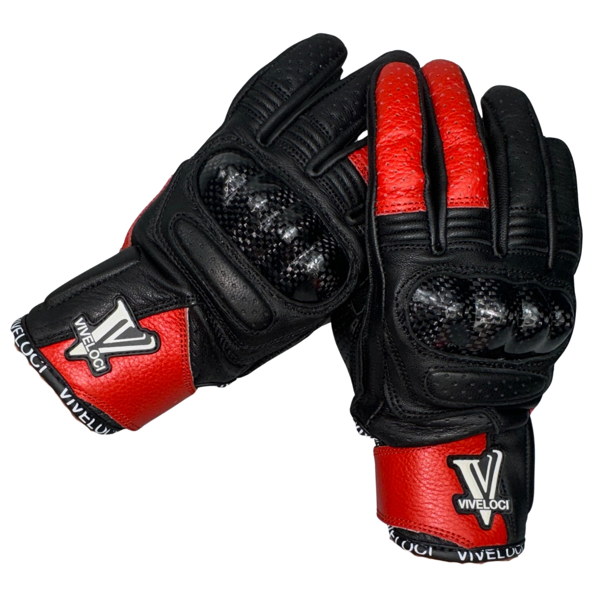 Viveloci Ciao Bella Women's Leather Motorcycle Riding Gloves in Red. CE Level 1 Carbon fiber knuckle protection and reinforced padding are on the palm. Velcro wrist strap. Touch-screen functionality 