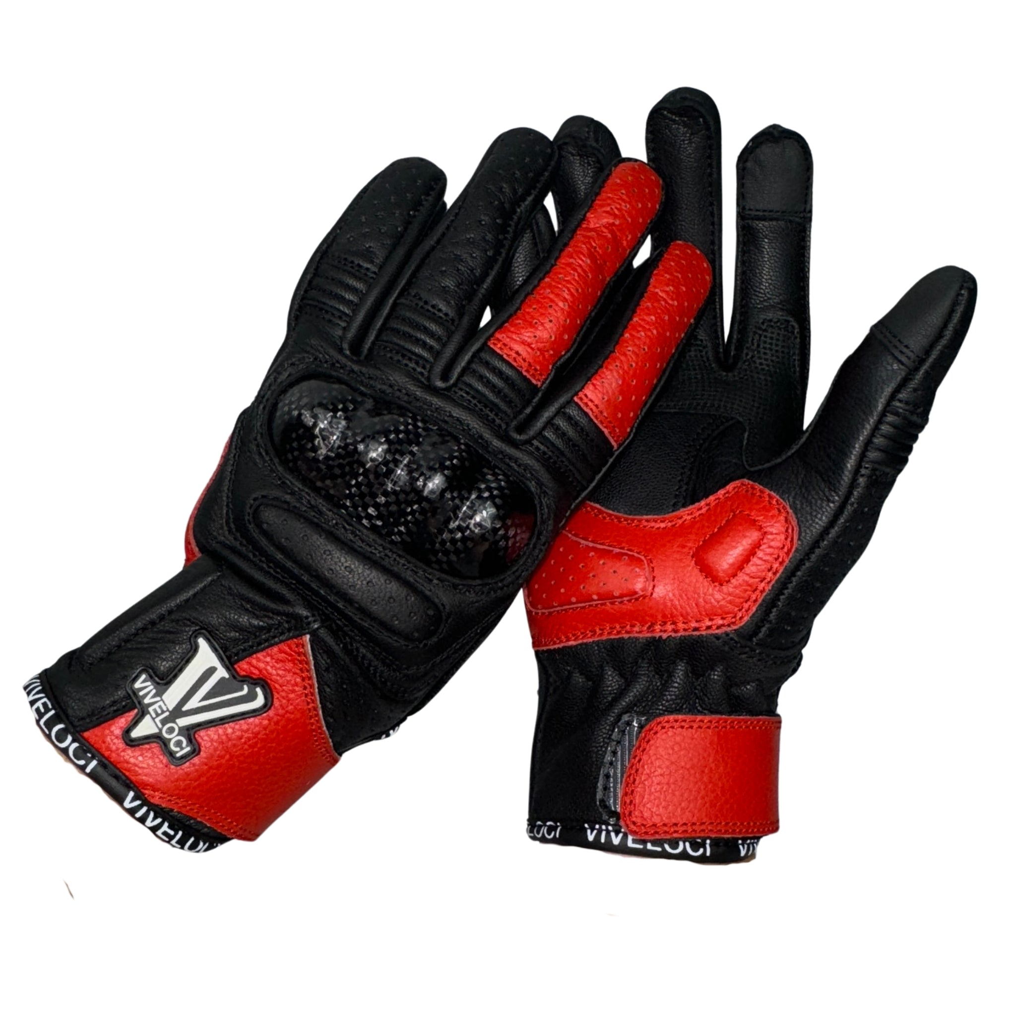 Viveloci Ciao Bella Women's Leather Motorcycle Riding Gloves in Red. CE Level 1 Carbon fiber knuckle protection and reinforced padding are on the palm. Velcro wrist strap. Touch-screen functionality 