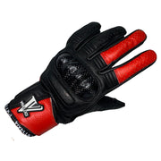 Viveloci Ciao Bella Women's Leather Motorcycle Riding Gloves in Red. CE Level 1 Carbon fiber knuckle protection and reinforced padding are on the palm. Velcro wrist strap. Touch-screen functionality 