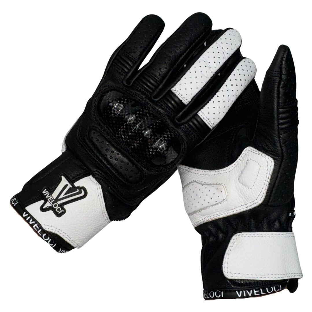 Viveloci Ciao Bella Women's Leather Motorcycle Riding Gloves in White. CE Level 1 Carbon fiber knuckle protection and reinforced padding are on the palm. Velcro wrist strap. Touch-screen functionality 
