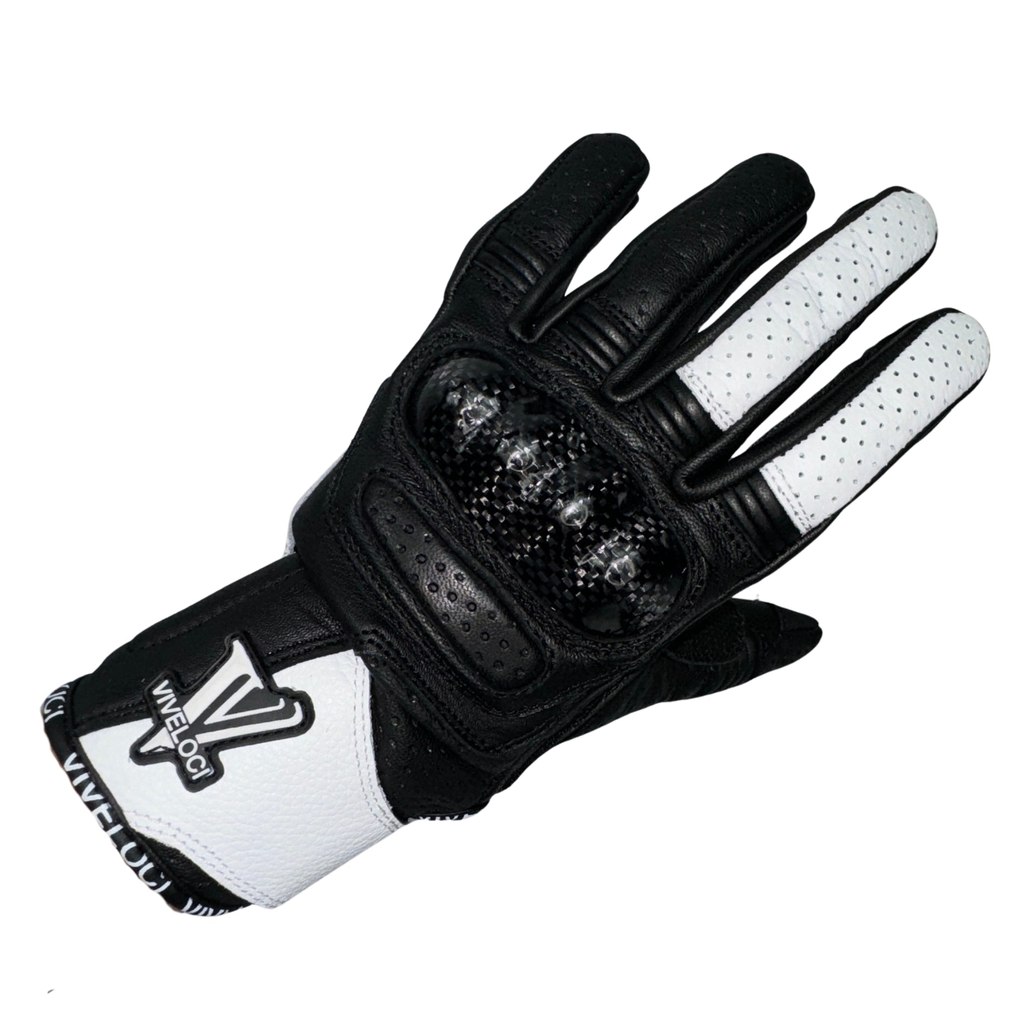 Viveloci Ciao Bella Women's Leather Motorcycle Riding Gloves in White. CE Level 1 Carbon fiber knuckle protection and reinforced padding are on the palm. Velcro wrist strap. Touch-screen functionality 