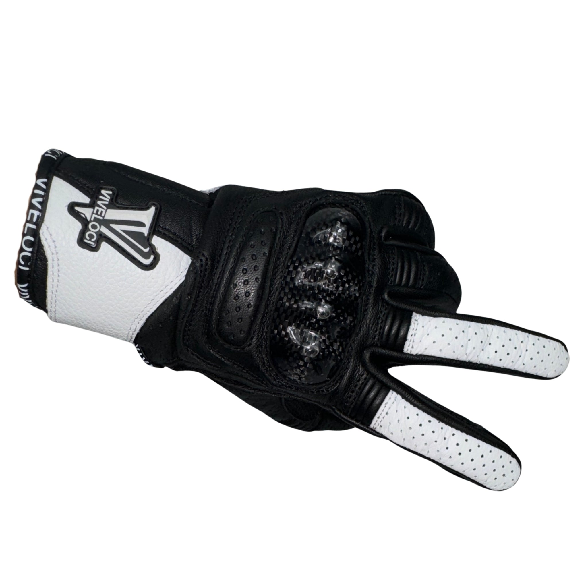 Viveloci Ciao Bella Women's Leather Motorcycle Riding Gloves in White. CE Level 1 Carbon fiber knuckle protection and reinforced padding are on the palm. Velcro wrist strap. Touch-screen functionality 