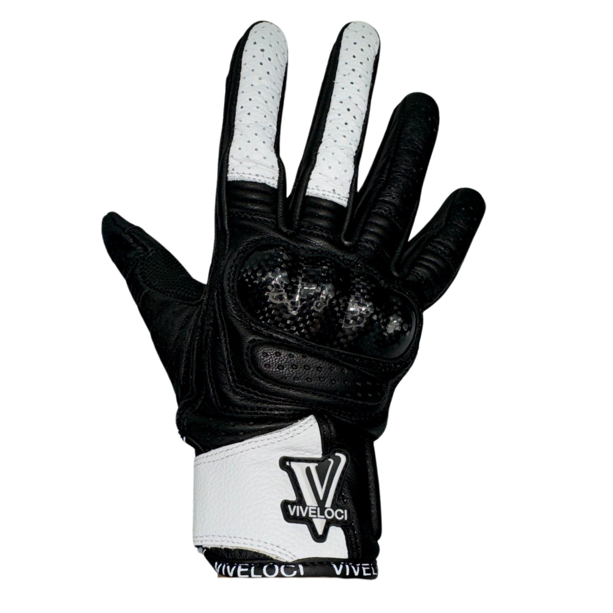 Viveloci Ciao Bella Women's Leather Motorcycle Riding Gloves in White. CE Level 1 Carbon fiber knuckle protection and reinforced padding are on the palm. Velcro wrist strap. Touch-screen functionality 