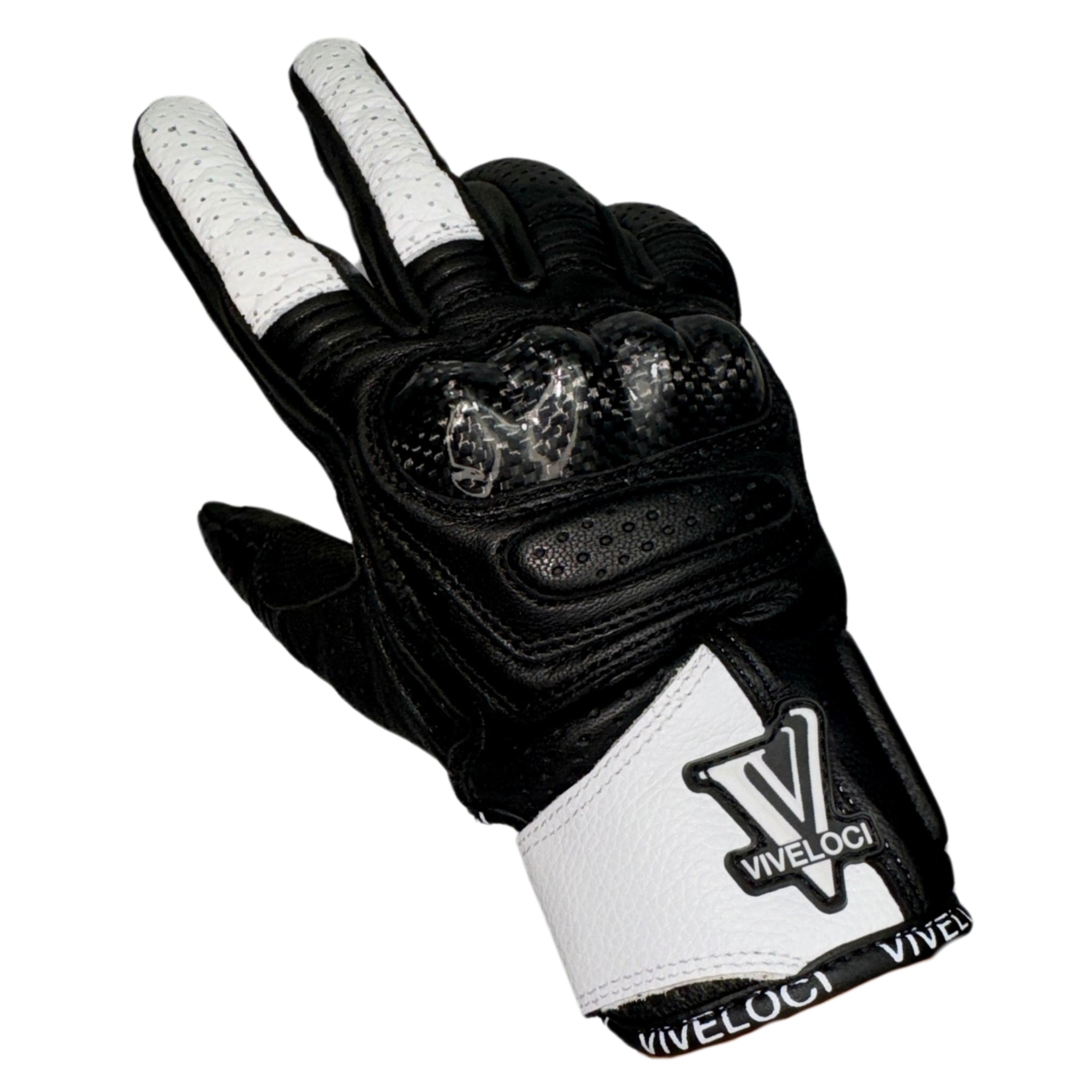 Viveloci Ciao Bella Women's Leather Motorcycle Riding Gloves in White. CE Level 1 Carbon fiber knuckle protection and reinforced padding are on the palm. Velcro wrist strap. Touch-screen functionality 