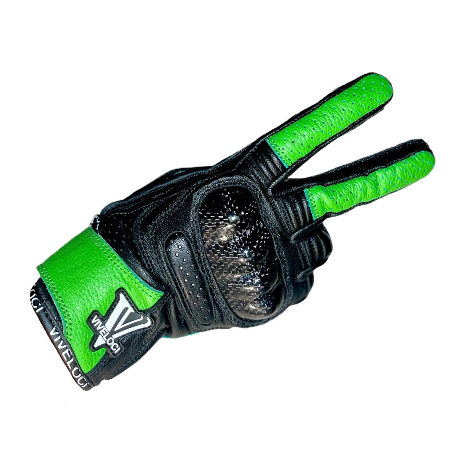 ViVeloci Ciao Bella Women's Leather Motorcycle Riding Gloves in Kawasaki Green. CE Level 1 Carbon fiber knuckle protection and reinforced padding are on the palm. Velcro wrist strap. Touch-screen functionality.