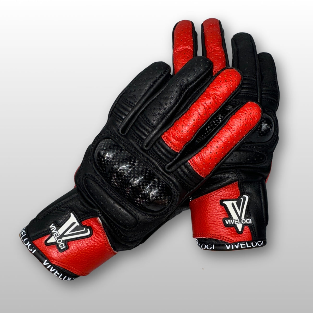 Women’s leather motorcycle gloves with carbon fiber knuckles in Red