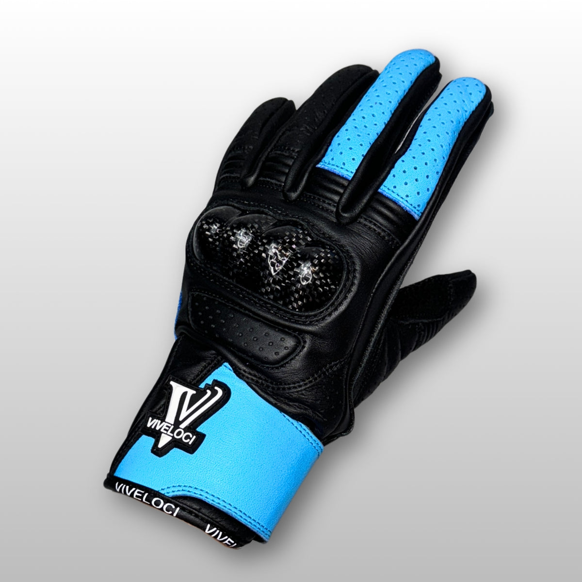 Women’s leather motorcycle gloves with carbon fiber knuckles in Sky Blue 