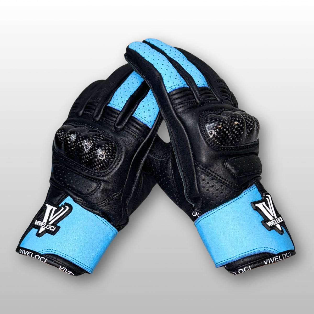 Women’s leather motorcycle gloves with carbon fiber knuckles in Sky Blue 