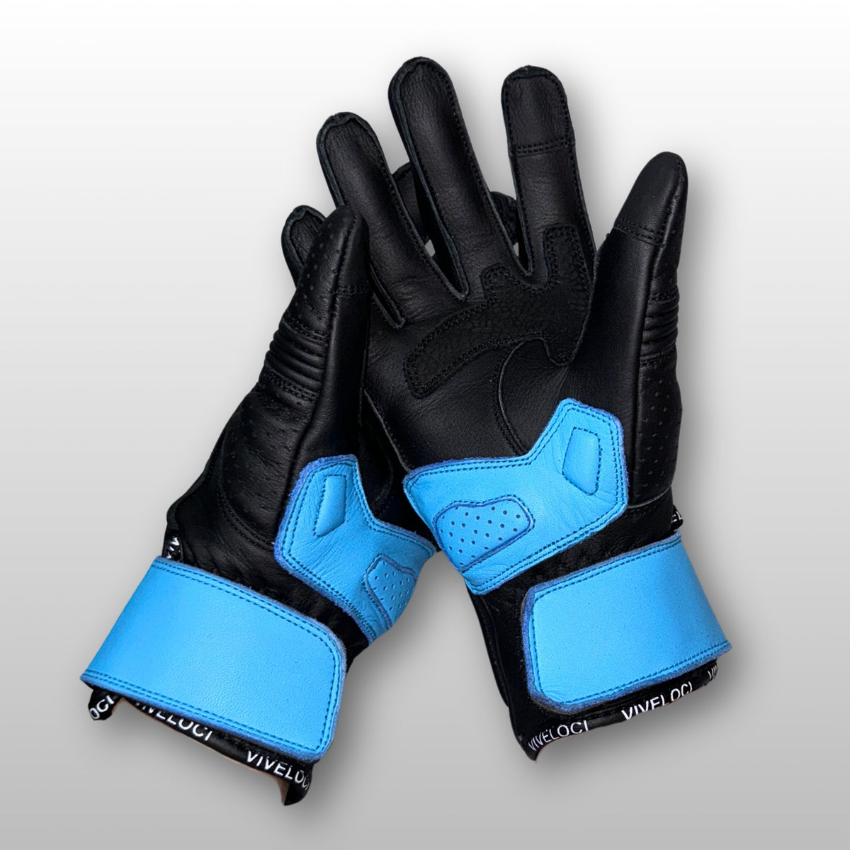 Women’s leather motorcycle gloves with carbon fiber knuckles in Sky Blue 