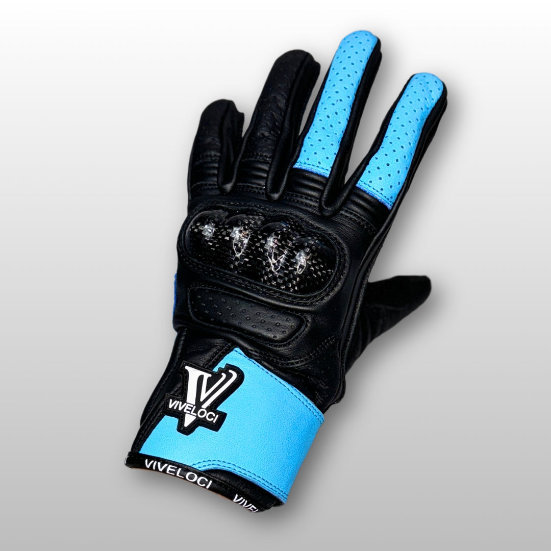 Women’s leather motorcycle gloves with carbon fiber knuckles in Sky Blue 