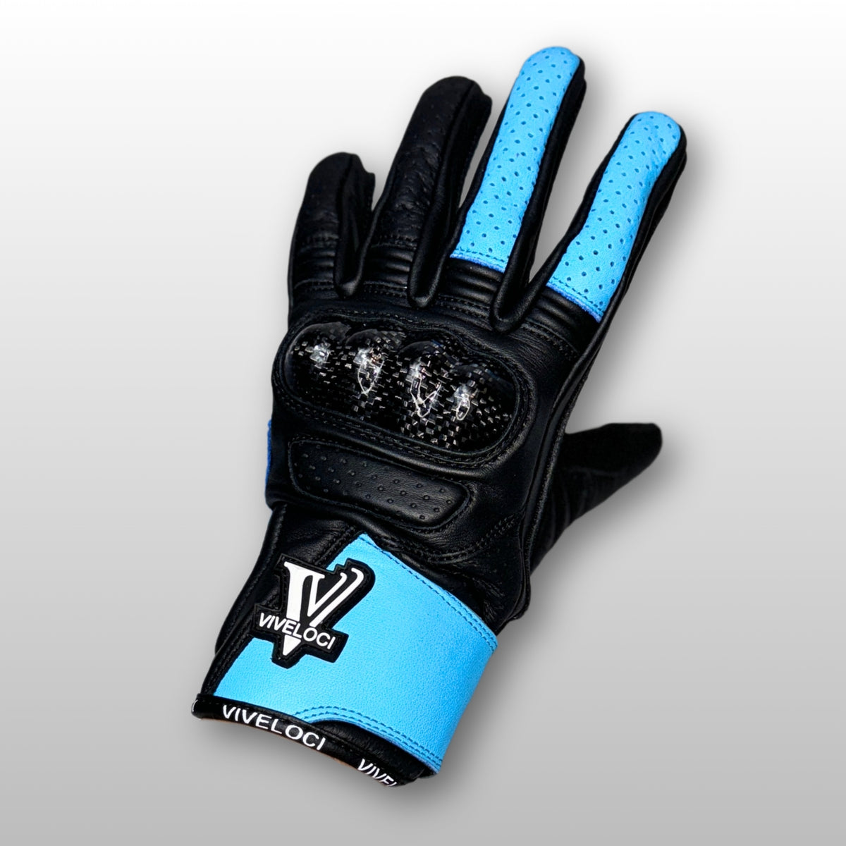 Women’s leather motorcycle gloves with carbon fiber knuckles in Sky Blue 