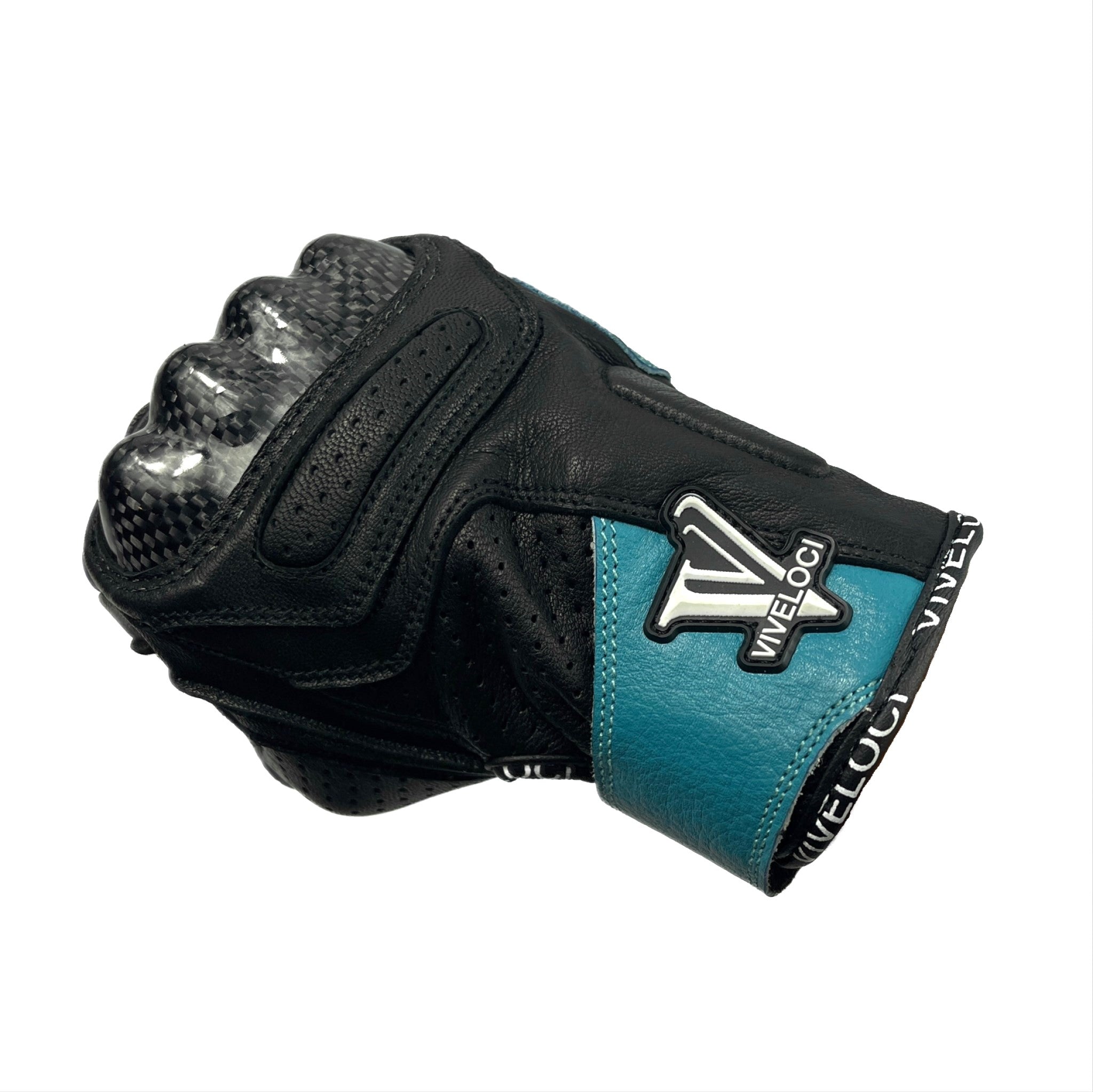  ViVeloci Ciao Bella Women's Leather Motorcycle Riding Gloves in Teal. CE Level 1 Carbon fiber knuckle protection and reinforced padding are on the palm. Velcro wrist strap. Touch-screen functionality.