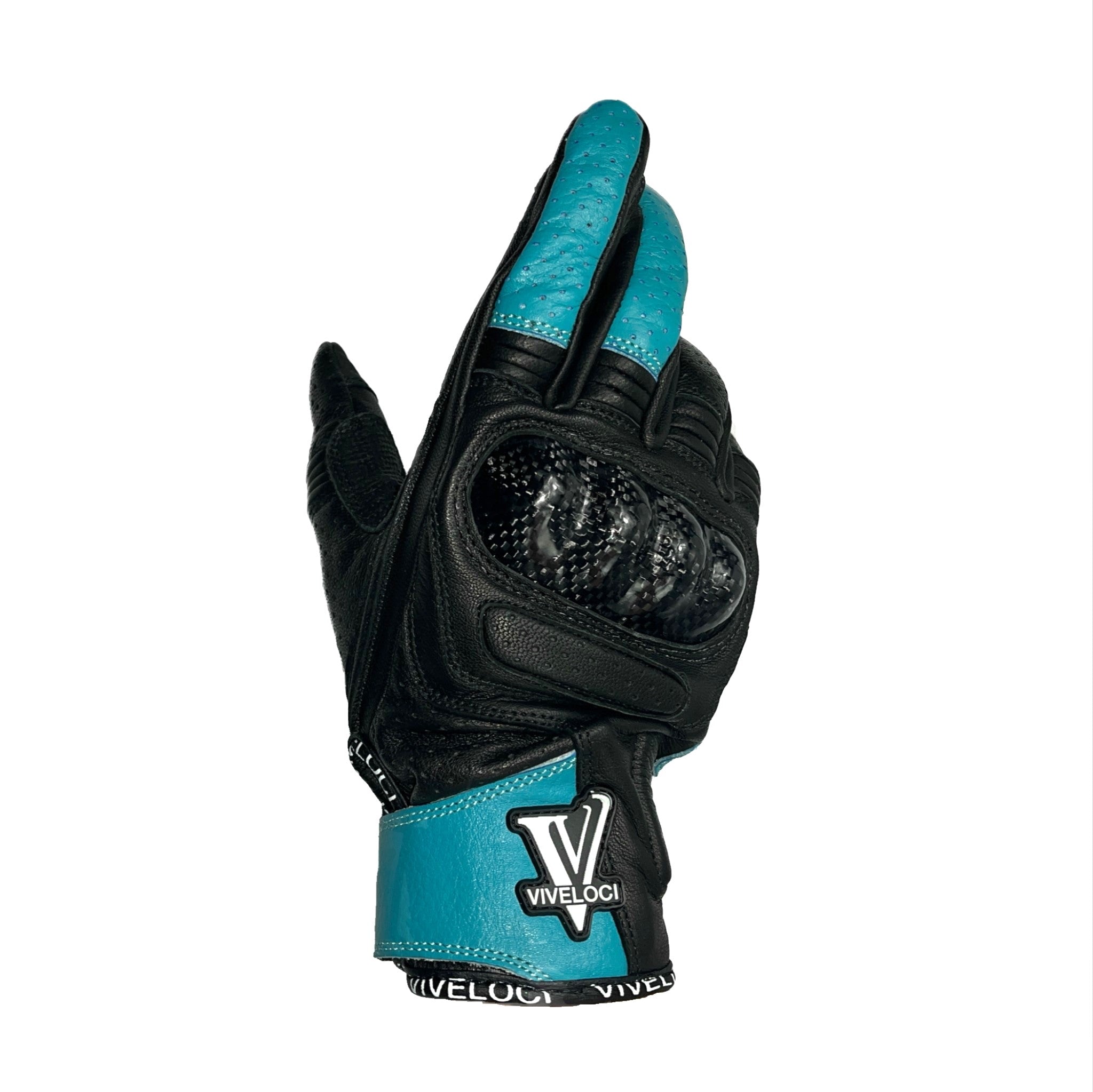 ViVeloci Ciao Bella Women's Leather Motorcycle Riding Gloves in Teal. CE Level 1 Carbon fiber knuckle protection and reinforced padding are on the palm. Velcro wrist strap. Touch-screen functionality.