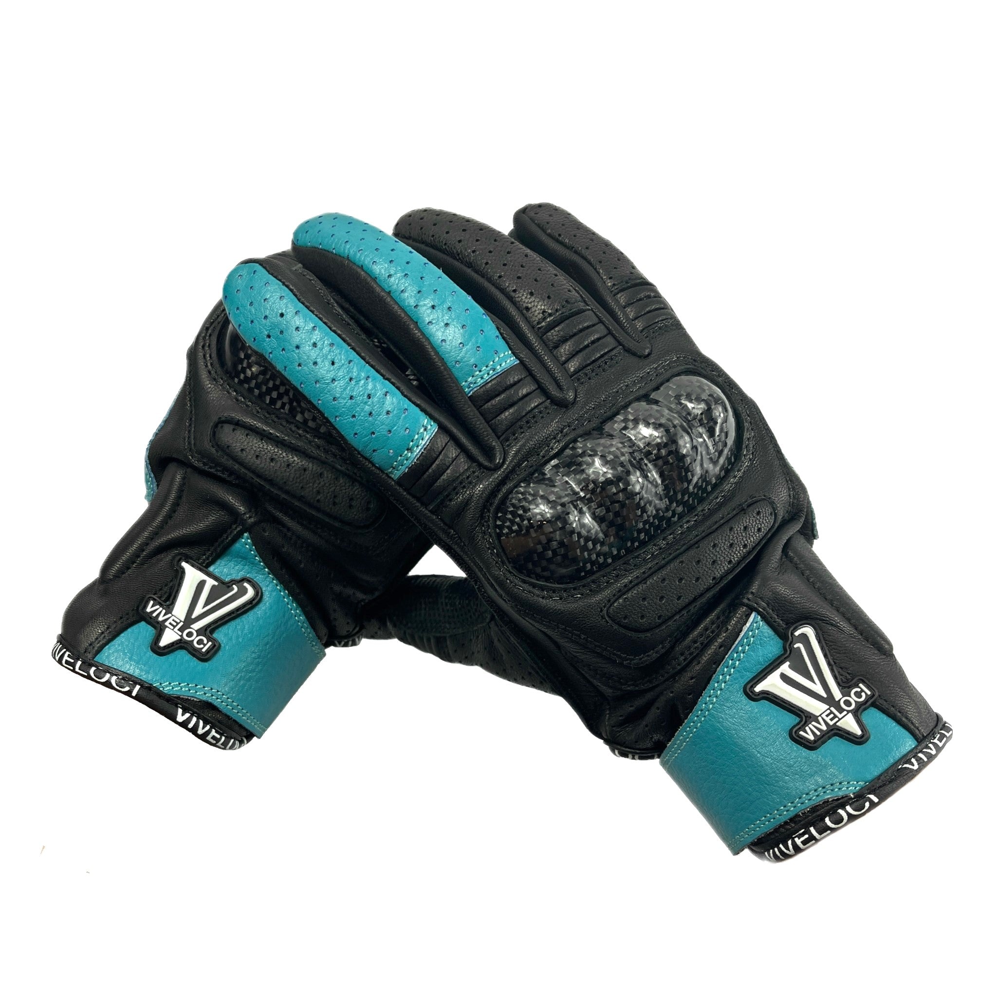 ViVeloci Ciao Bella Women's Leather Motorcycle Riding Gloves in Teal. CE Level 1 Carbon fiber knuckle protection and reinforced padding are on the palm. Velcro wrist strap. Touch-screen functionality.