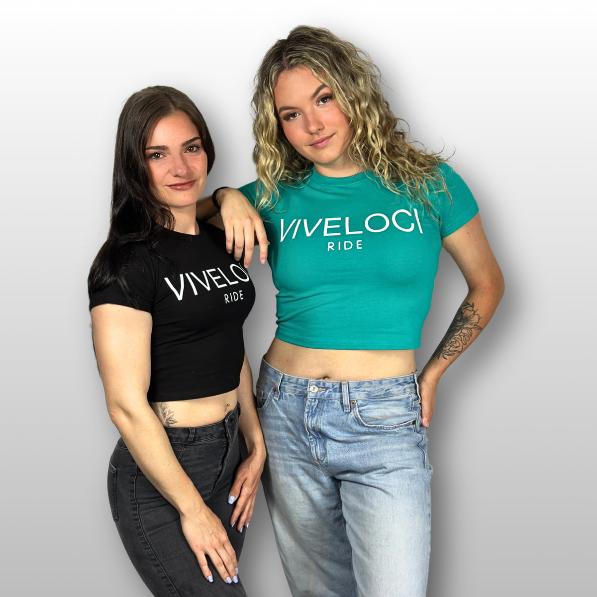 Kendra & Emily wear ViVeloci RIDE short sleeved crop tops