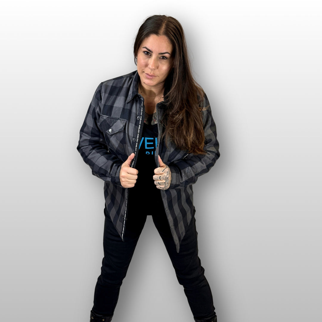 Nina wearing Viveloci Women's Grey and Black Kevlar Lined Armored Riding Flannel for women. Zipper and Snaps along front. Snaps on cuffs and collar
