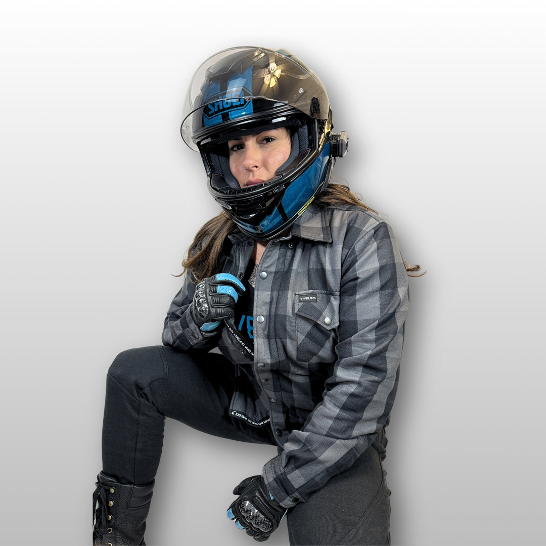 Nina wearing Viveloci Women's Grey and Black Kevlar Lined Armored Riding Flannel and motorcycle helmet.
