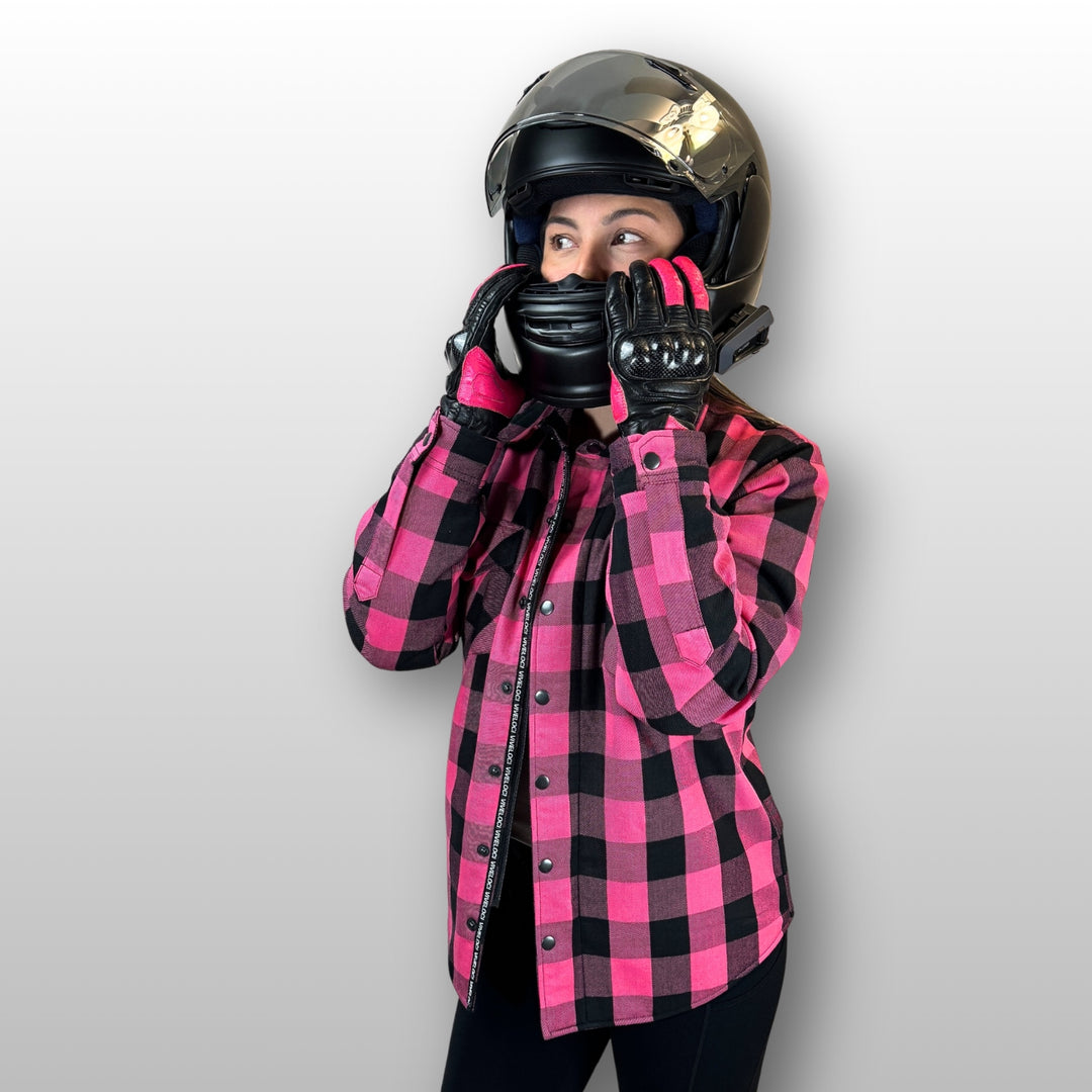 Julie wearing Viveloci Women's Pink and Black Kevlar Lined Armored Riding Flannel for women. Zipper and Snaps along front. Snaps on cuffs and collar