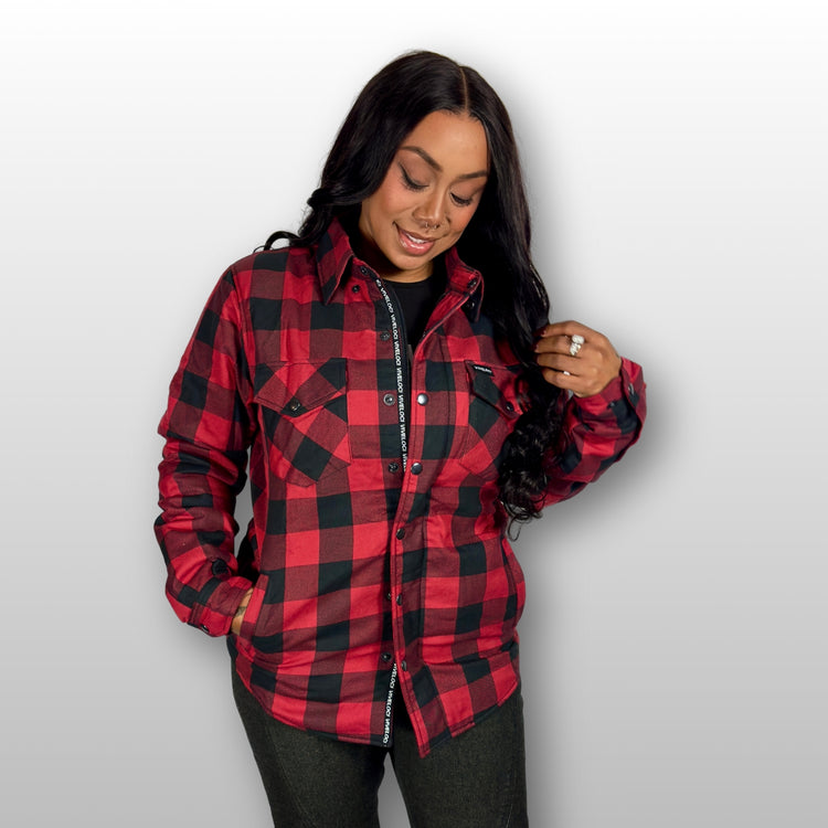 Betty wearing Viveloci Women's Red and Black Kevlar Lined Armored Riding Flannel for women. Zipper and Snaps along front. Snaps on cuffs and collar