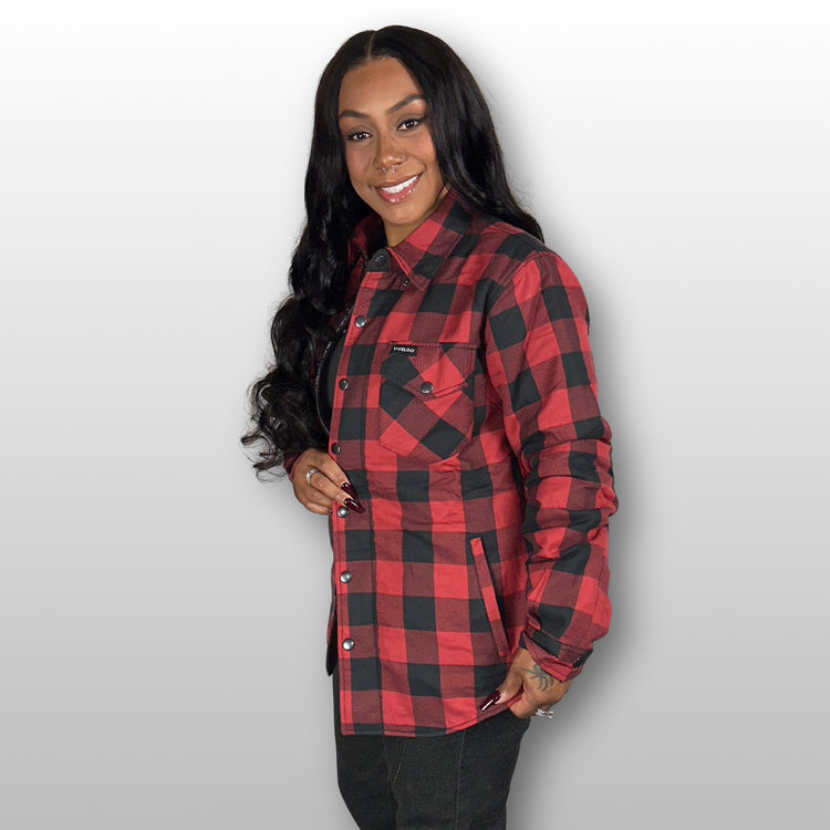 Betty wearing Viveloci Women's Red and Black Kevlar Lined Armored Riding Flannel for women. Zipper and Snaps along front. Snaps on cuffs and collar